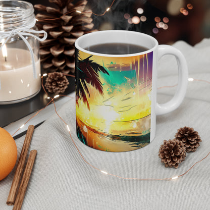 Sunset Beach Mug, Personalized Mug Designs, Creative Coffee Cups, Unique Mug Artwork, Printed Coffee Mugs, Artist-Designed Mugs