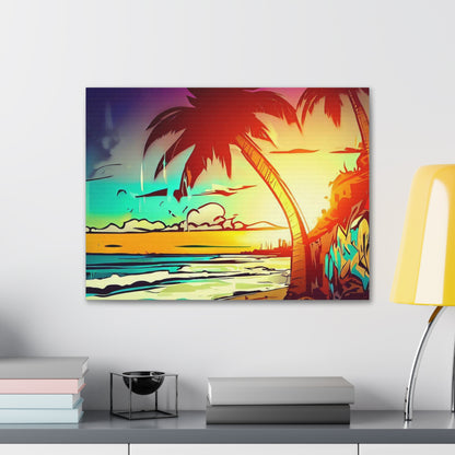 Graffiti Palm Tree, Sunset Beach, Graffiti art prints, Street art canvas, Urban art decor, Graffiti-style wall art, Graffiti canvas prints, Street art posters 24″ x 18″ Premium Gallery Wraps (1.25″)