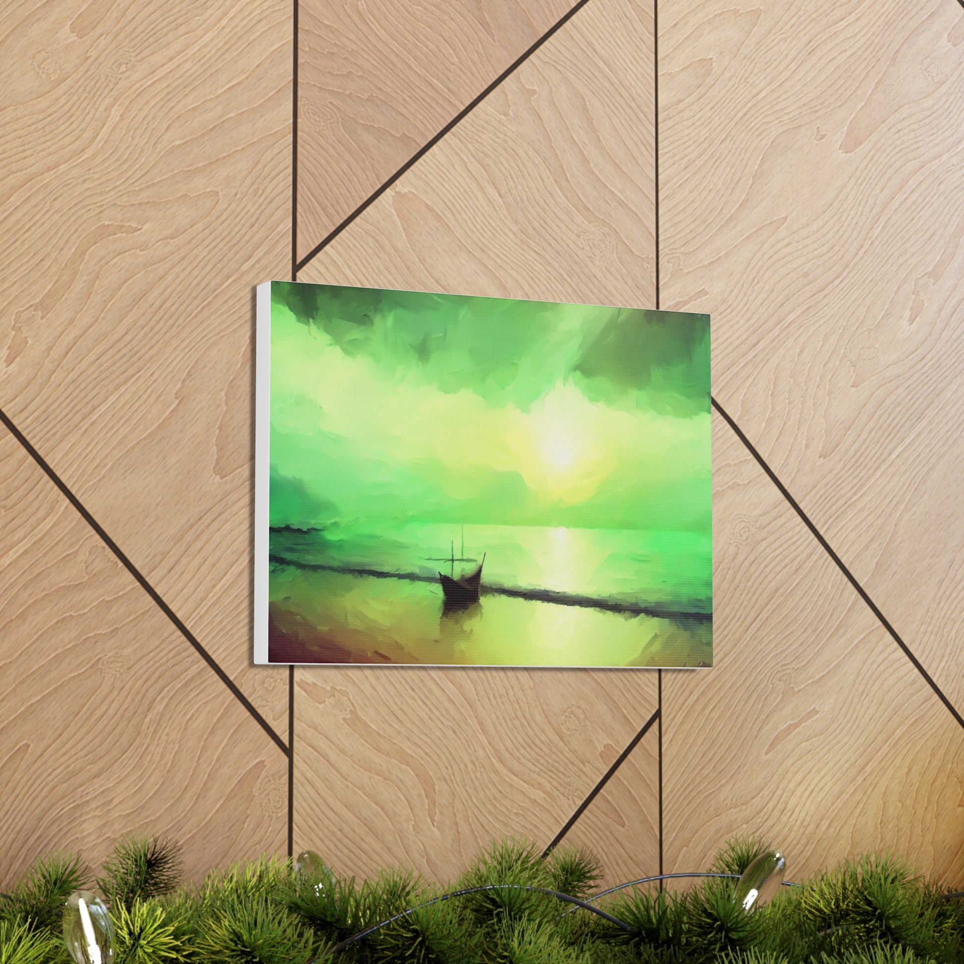 Sailboat Beach, Green Sunset, Beach wall art, sunset art, ocean art, Canvas Gallery Wraps