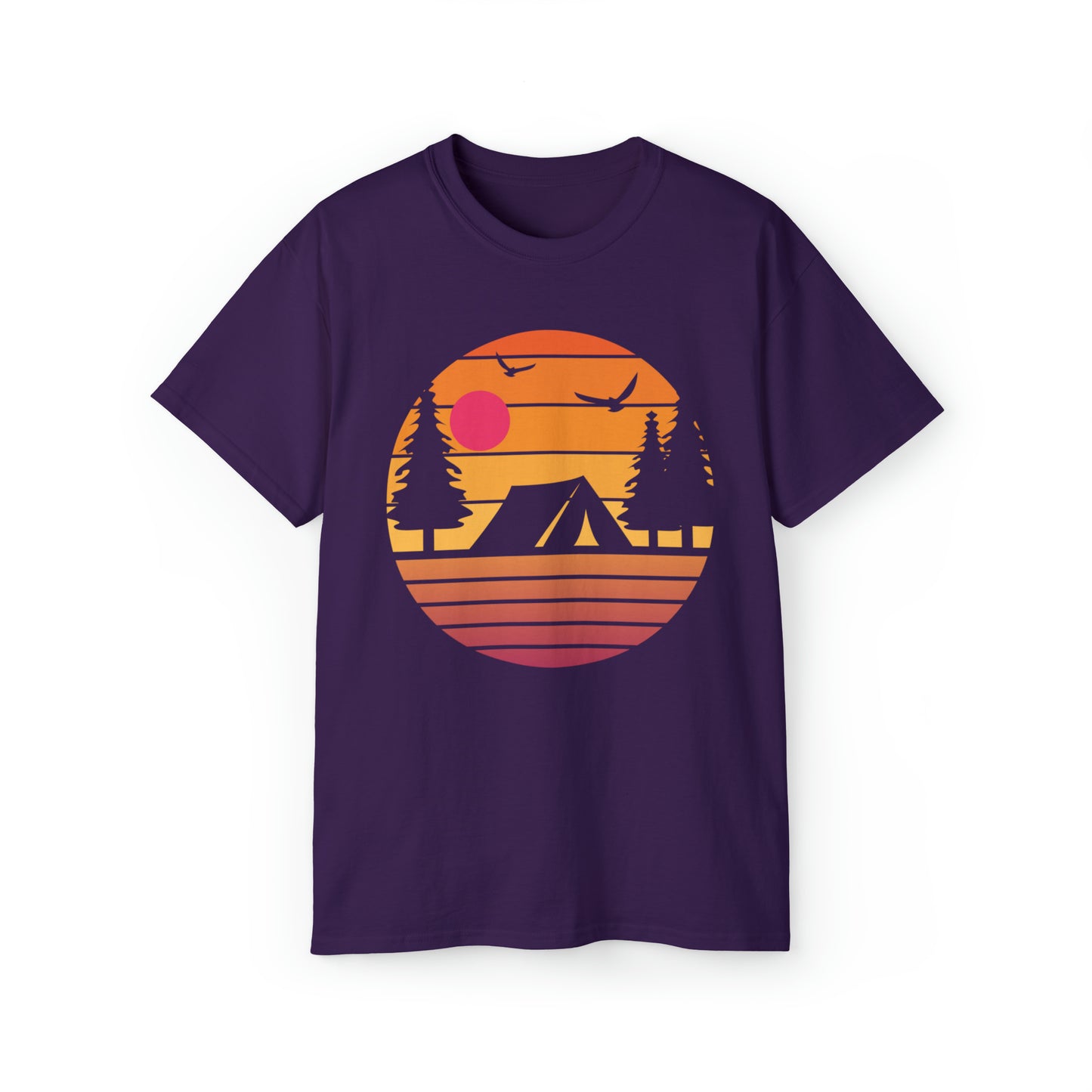 Sunset Camping Silhouette | Hiking & Camping Tee | Nature-Inspired Outdoor Apparel Purple