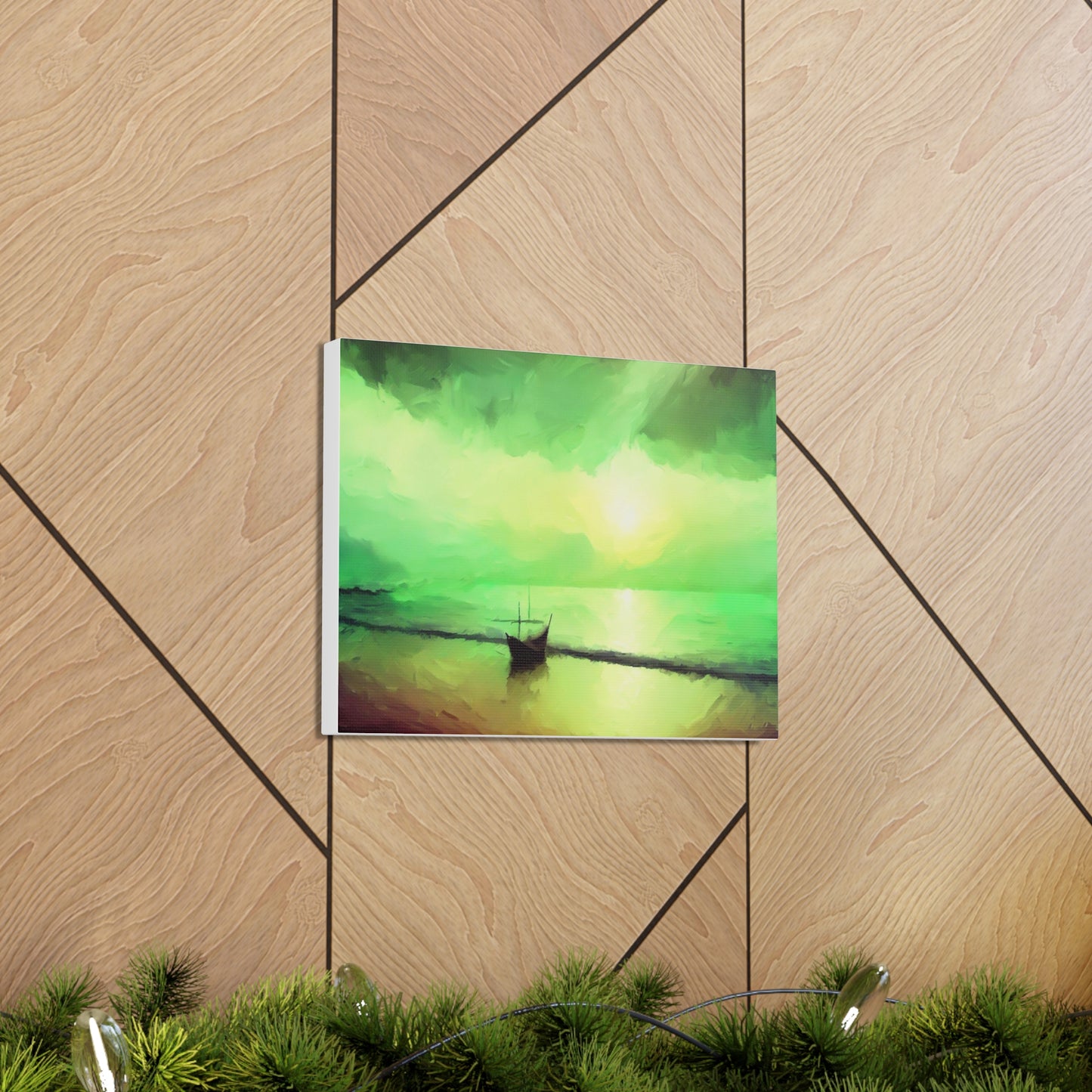 Sailboat Beach, Green Sunset, Beach wall art, sunset art, ocean art, Canvas Gallery Wraps