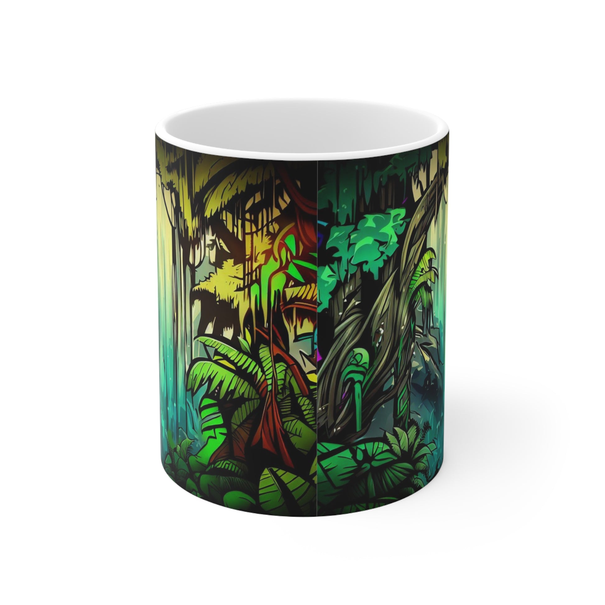 Jungle Mug, Graffiti Mug, Personalized Mug Designs, Creative Coffee Cups, Unique Mug Artwork, Printed Coffee Mugs, Artist-Designed Mugs