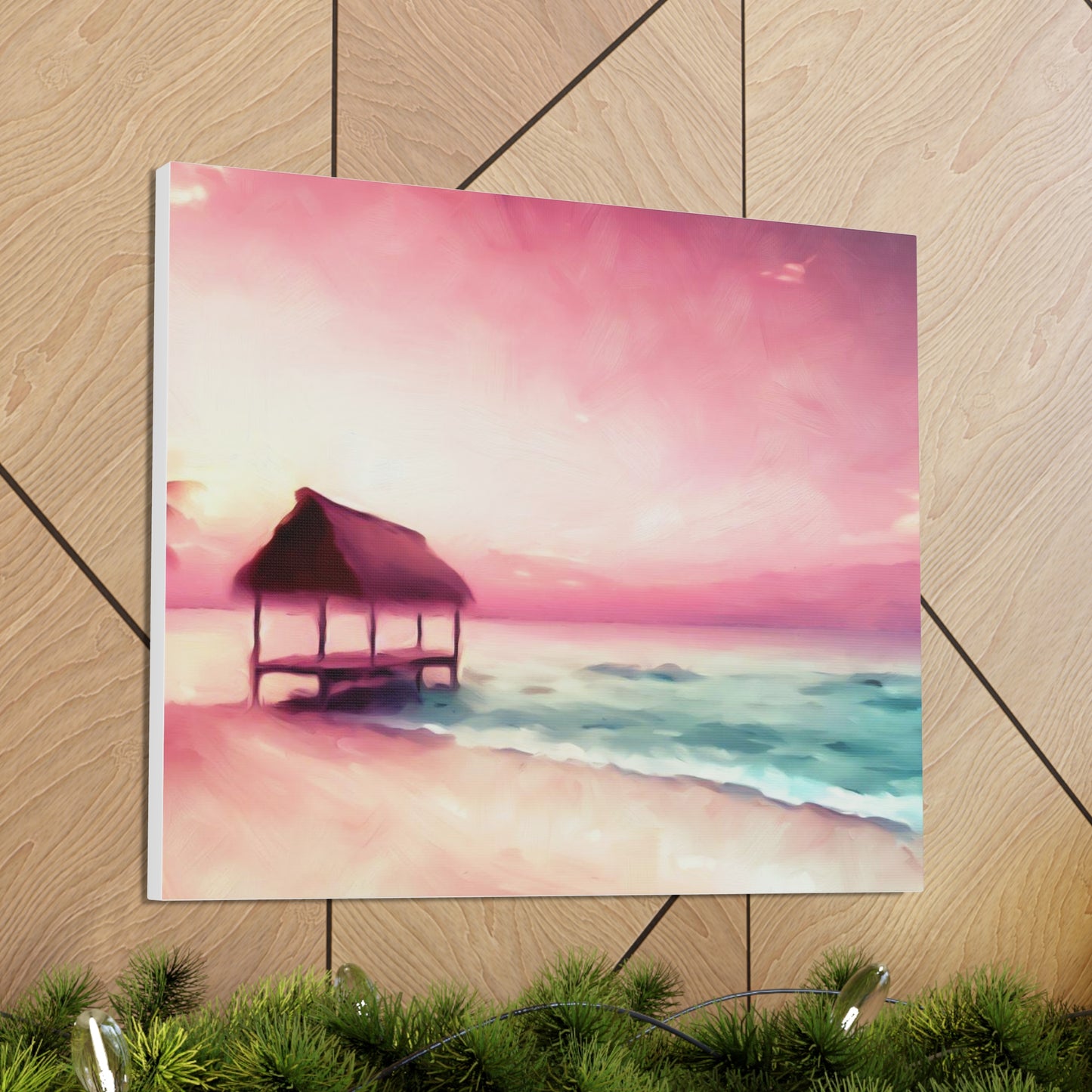 Pink Sunset, Beach Hut, Beach wall art, Sunset art, ocean art, Canvas Gallery Wraps