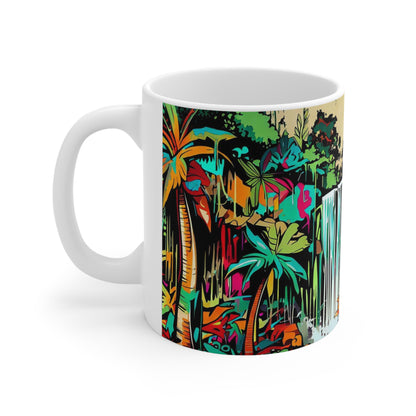 Jungle Waterfall, Personalized Mug Designs, Creative Coffee Cups, Unique Mug Artwork, Printed Coffee Mugs, Artist-Designed Mugs