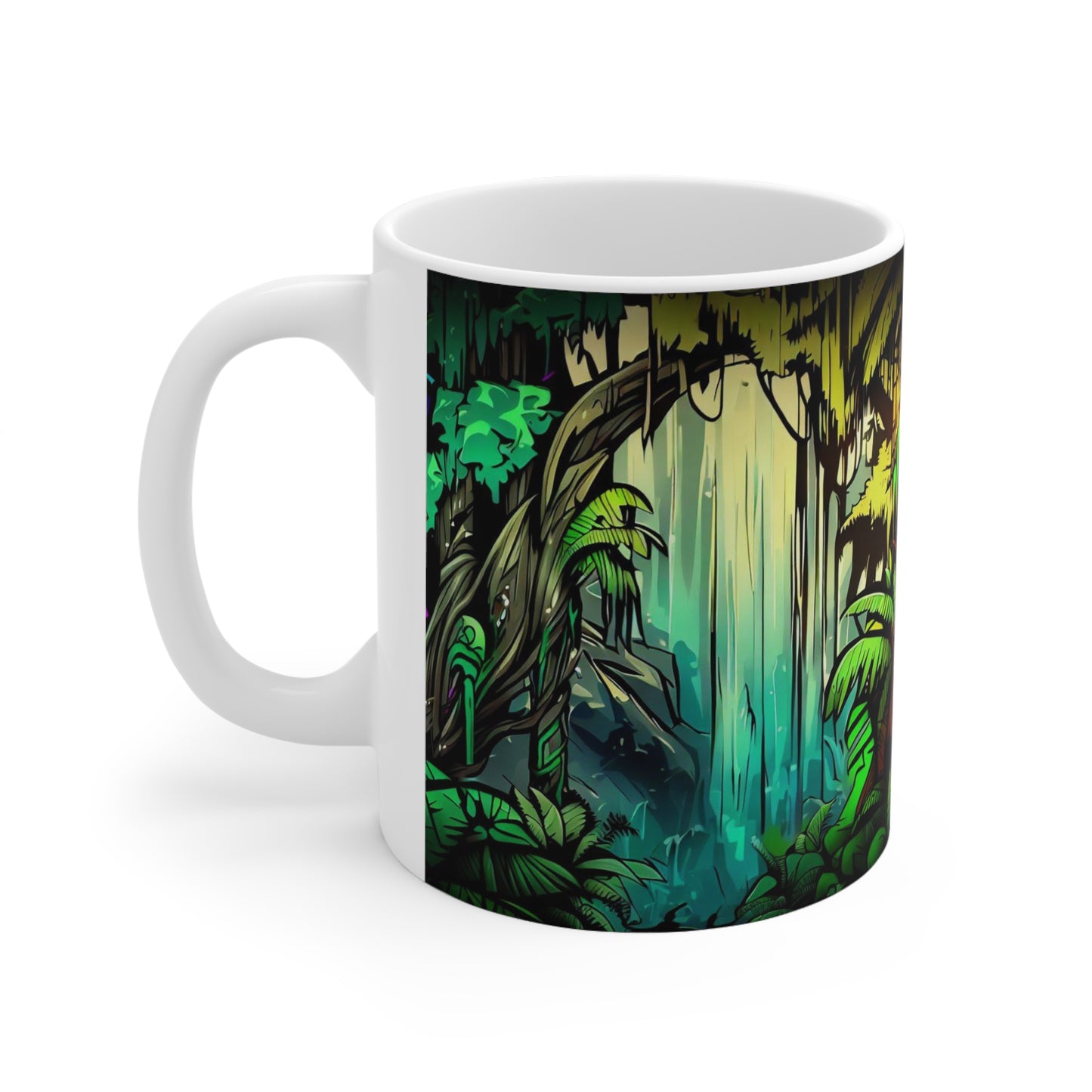 Jungle Mug, Graffiti Mug, Personalized Mug Designs, Creative Coffee Cups, Unique Mug Artwork, Printed Coffee Mugs, Artist-Designed Mugs