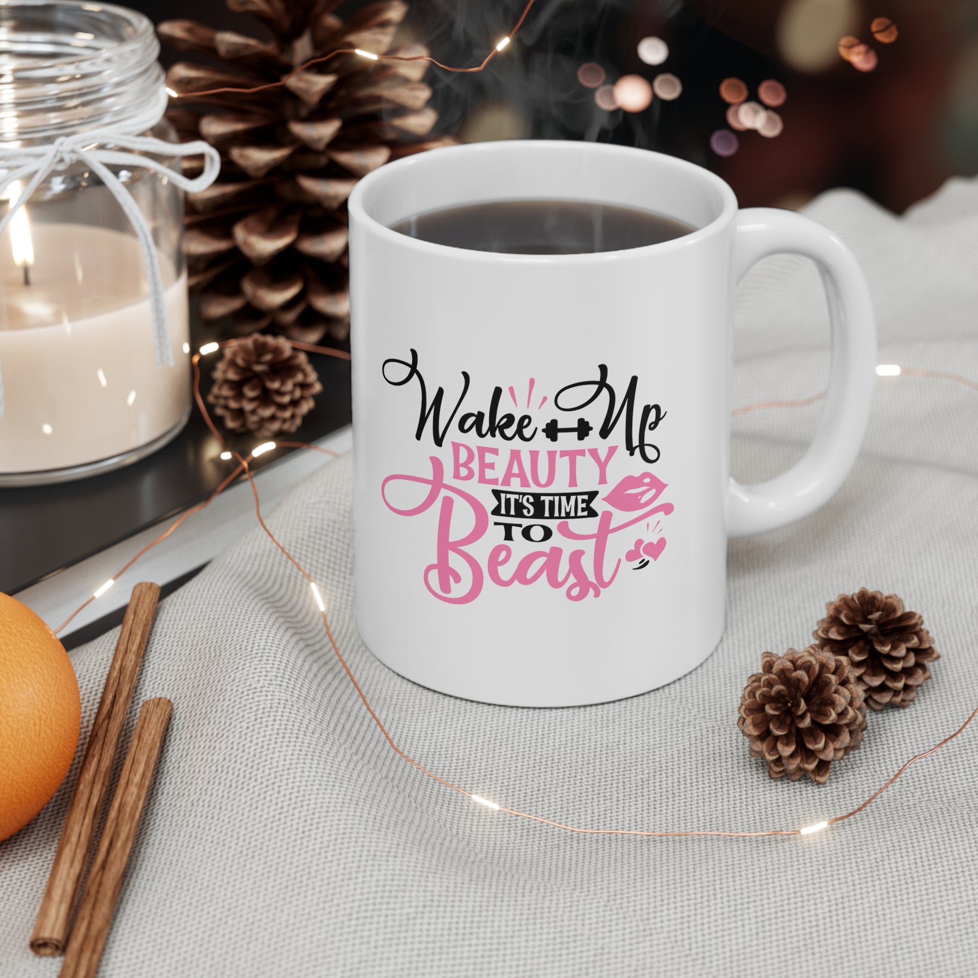 Wake Up Beauty, It's Time To Beast, Personalized Mug Designs, Creative Coffee Cups, Unique Mug Artwork, Printed Coffee Mugs, Artist-Designed Mugs