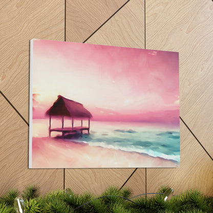 Pink Sunset, Beach Hut, Beach wall art, Sunset art, ocean art, Canvas Gallery Wraps