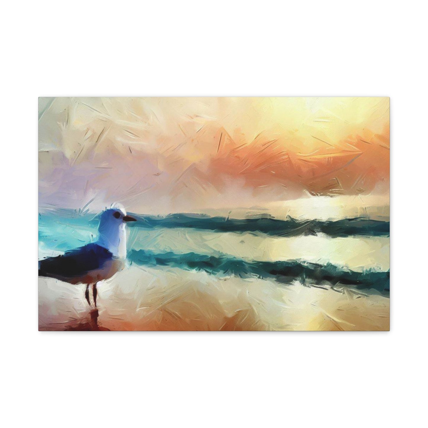 Sunset wall art, beach wall art, ocean art, Canvas Gallery Wraps, Seagull Beach 24″ x 16″ Premium Gallery Wraps (1.25″)