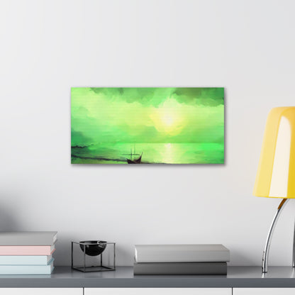 Sailboat Beach, Green Sunset, Beach wall art, sunset art, ocean art, Canvas Gallery Wraps