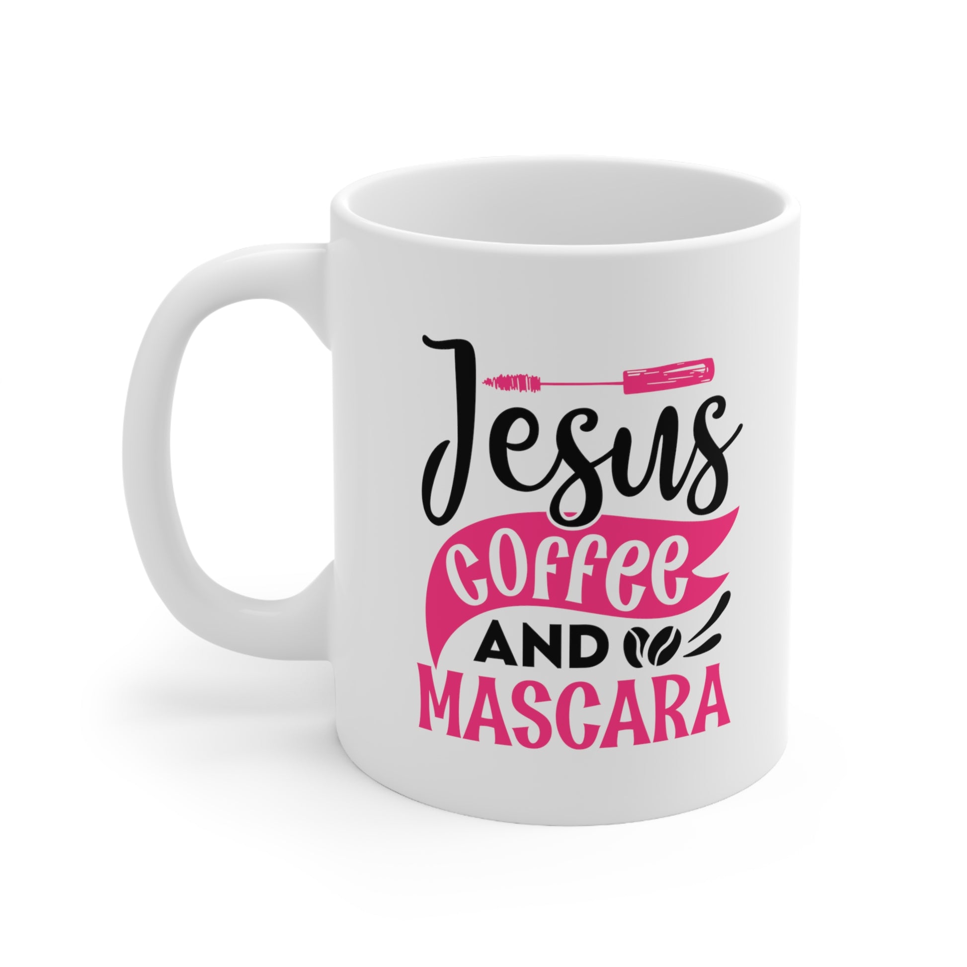 Jesus Coffee and Mascara, Personalized Mug Designs, Creative Coffee Cups, Unique Mug Artwork, Printed Coffee Mugs, Artist-Designed Mugs