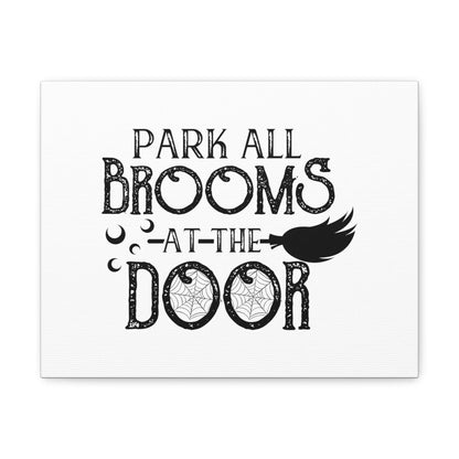 Park All Brooms at the Door, Halloween Sign, Holiday Sign, Spooky Sign, Halloween Decor 14″ x 11″ Premium Gallery Wraps (1.25″)