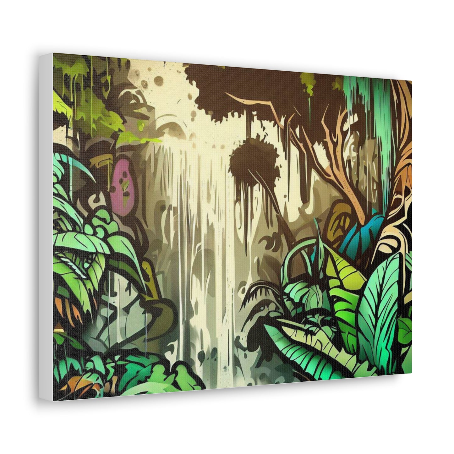 Jungle Waterfall, Rainforest Waterfall, Graffiti-inspired home decor, Modern street art prints, Graffiti wall art, Street art canvas art, Graffiti artist prints 16″ x 12″ Premium Gallery Wraps (1.25″)