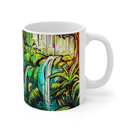 Jungle Waterfall, Personalized Mug Designs, Creative Coffee Cups, Unique Mug Artwork, Printed Coffee Mugs, Artist-Designed Mugs