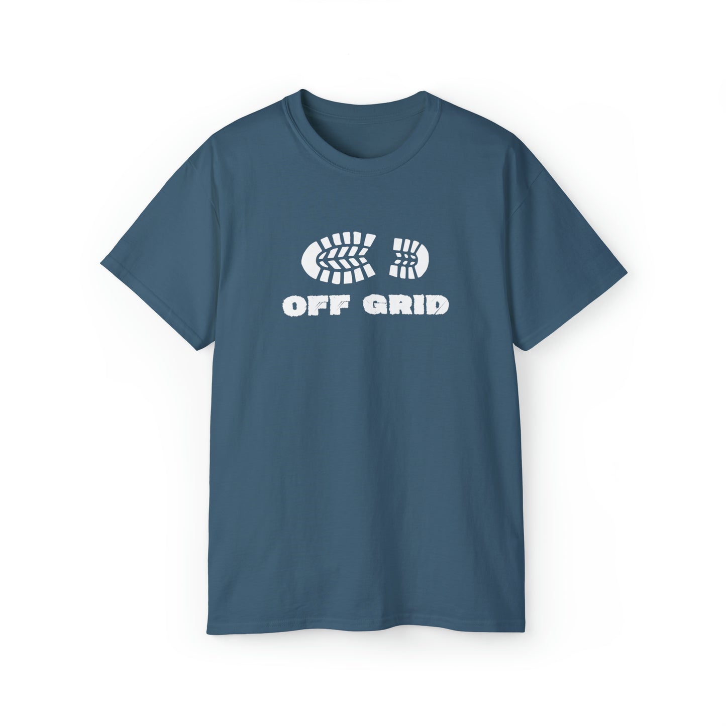 Off Grid Boot Print | Hiking & Camping Tee | Nature-Inspired Outdoor Apparel Indigo Blue