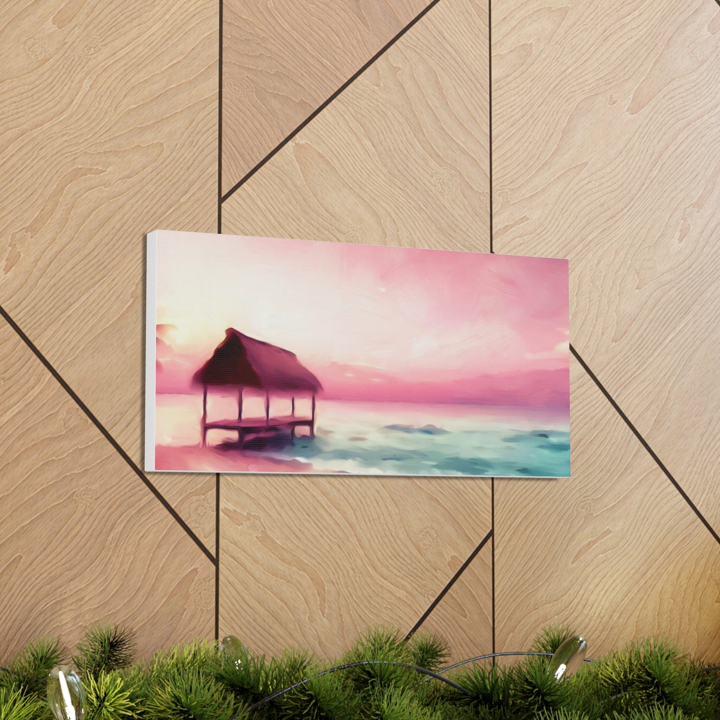 Pink Sunset, Beach Hut, Beach wall art, Sunset art, ocean art, Canvas Gallery Wraps