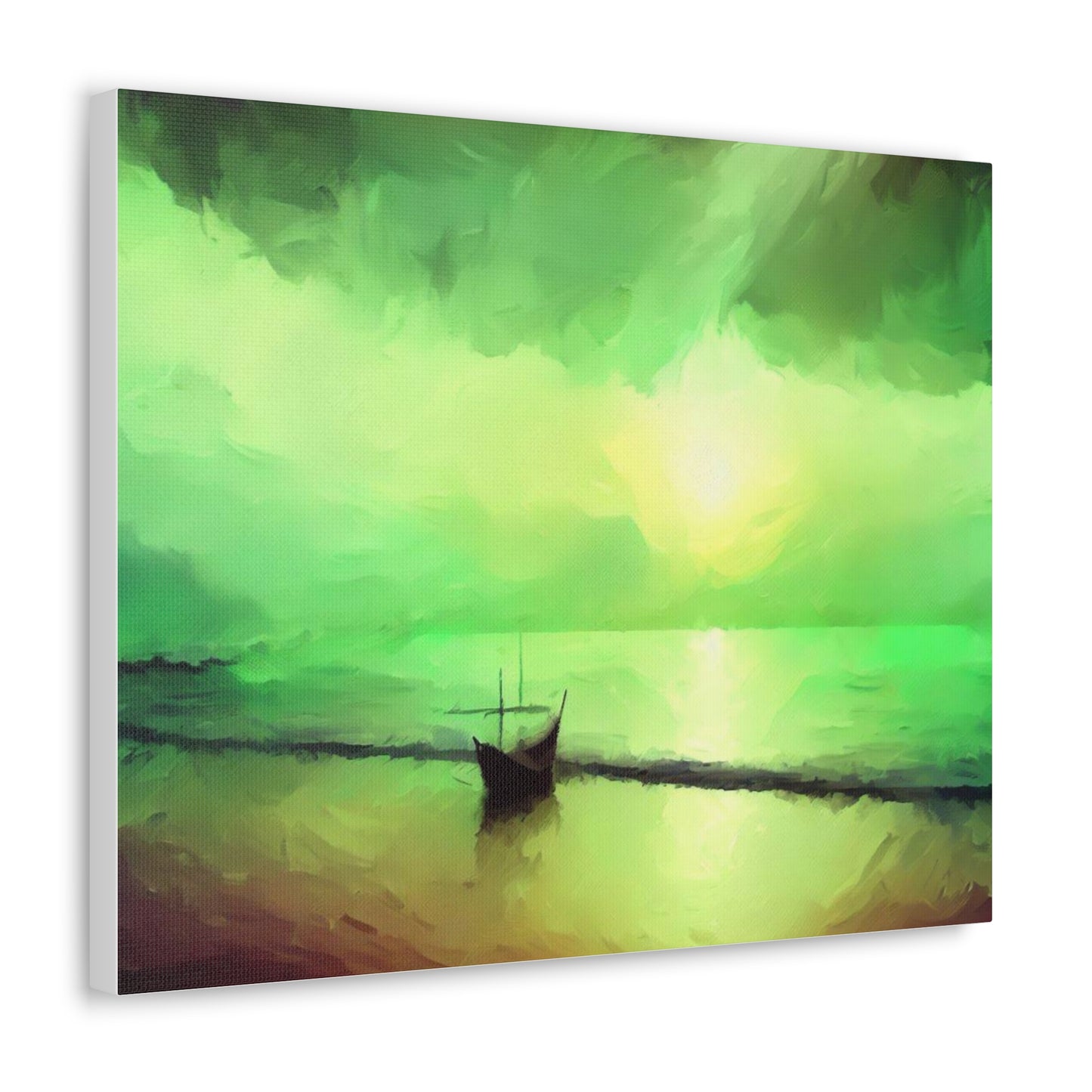 Sailboat Beach, Green Sunset, Beach wall art, sunset art, ocean art, Canvas Gallery Wraps