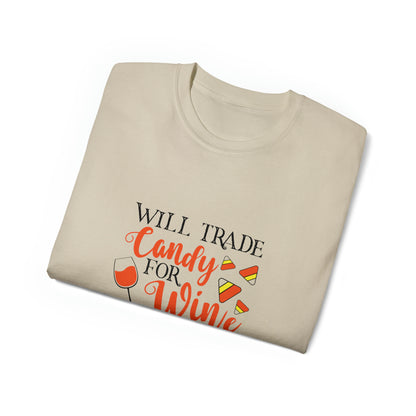 Will Trade Candy For Wine, Halloween Graphic Shirts, Spooky Halloween Shirts, Scary Halloween Shirt Designs, Cute Halloween Graphic Tees, Funny Halloween Shirt Ideas - SaviTraviDesigns