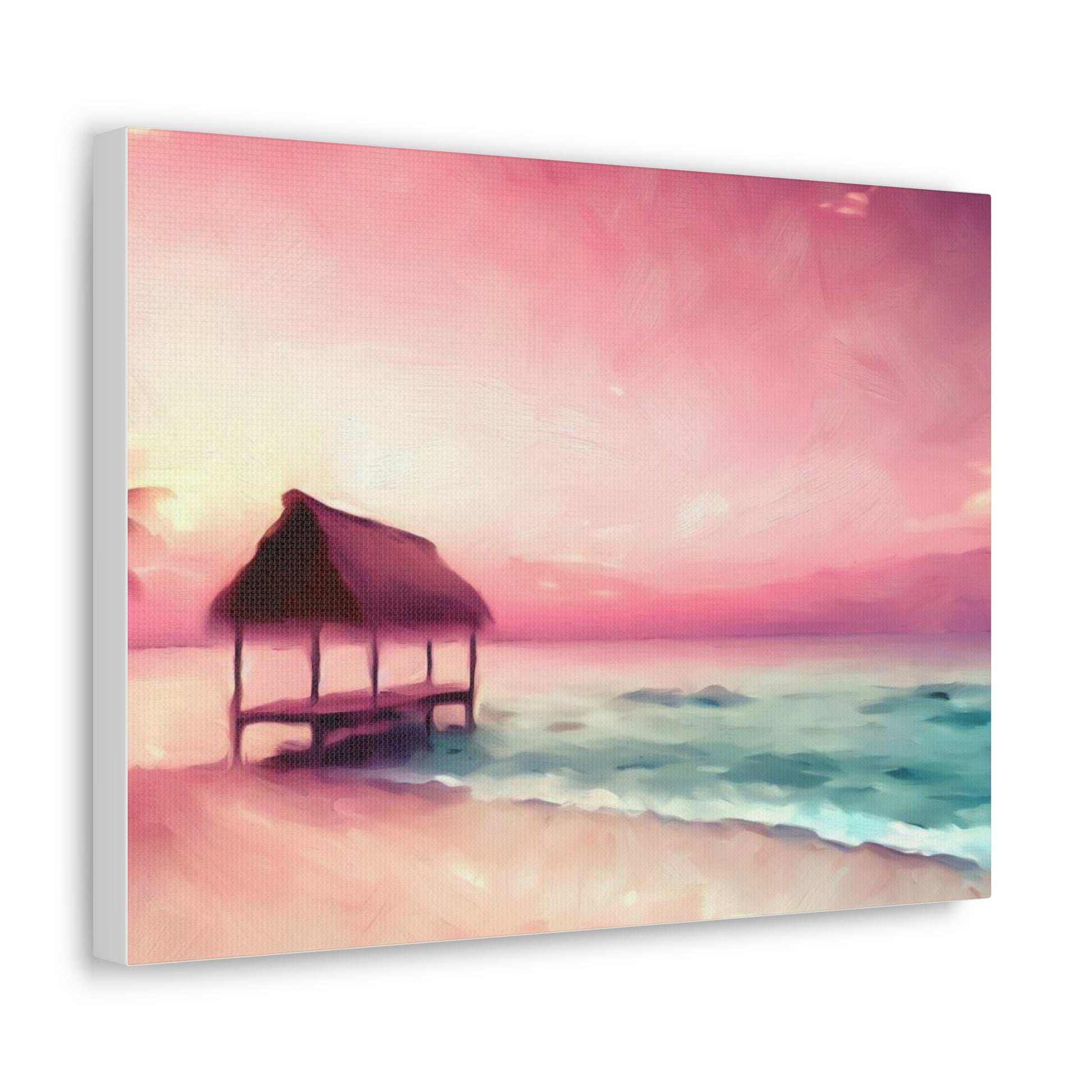 Pink Sunset, Beach Hut, Beach wall art, Sunset art, ocean art, Canvas Gallery Wraps