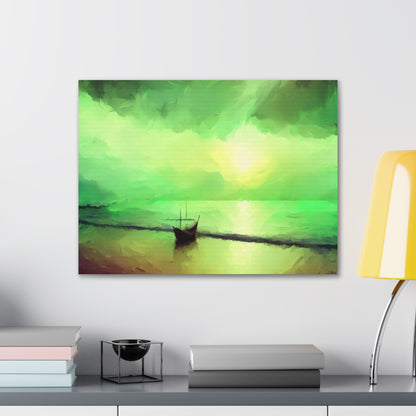 Sailboat Beach, Green Sunset, Beach wall art, sunset art, ocean art, Canvas Gallery Wraps