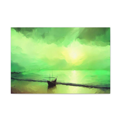 Sailboat Beach, Green Sunset, Beach wall art, sunset art, ocean art, Canvas Gallery Wraps 24″ x 16″ Premium Gallery Wraps (1.25″)