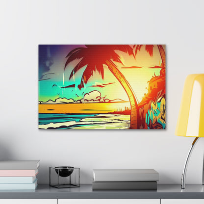 Graffiti Palm Tree, Sunset Beach, Graffiti art prints, Street art canvas, Urban art decor, Graffiti-style wall art, Graffiti canvas prints, Street art posters 24″ x 16″ Premium Gallery Wraps (1.25″)