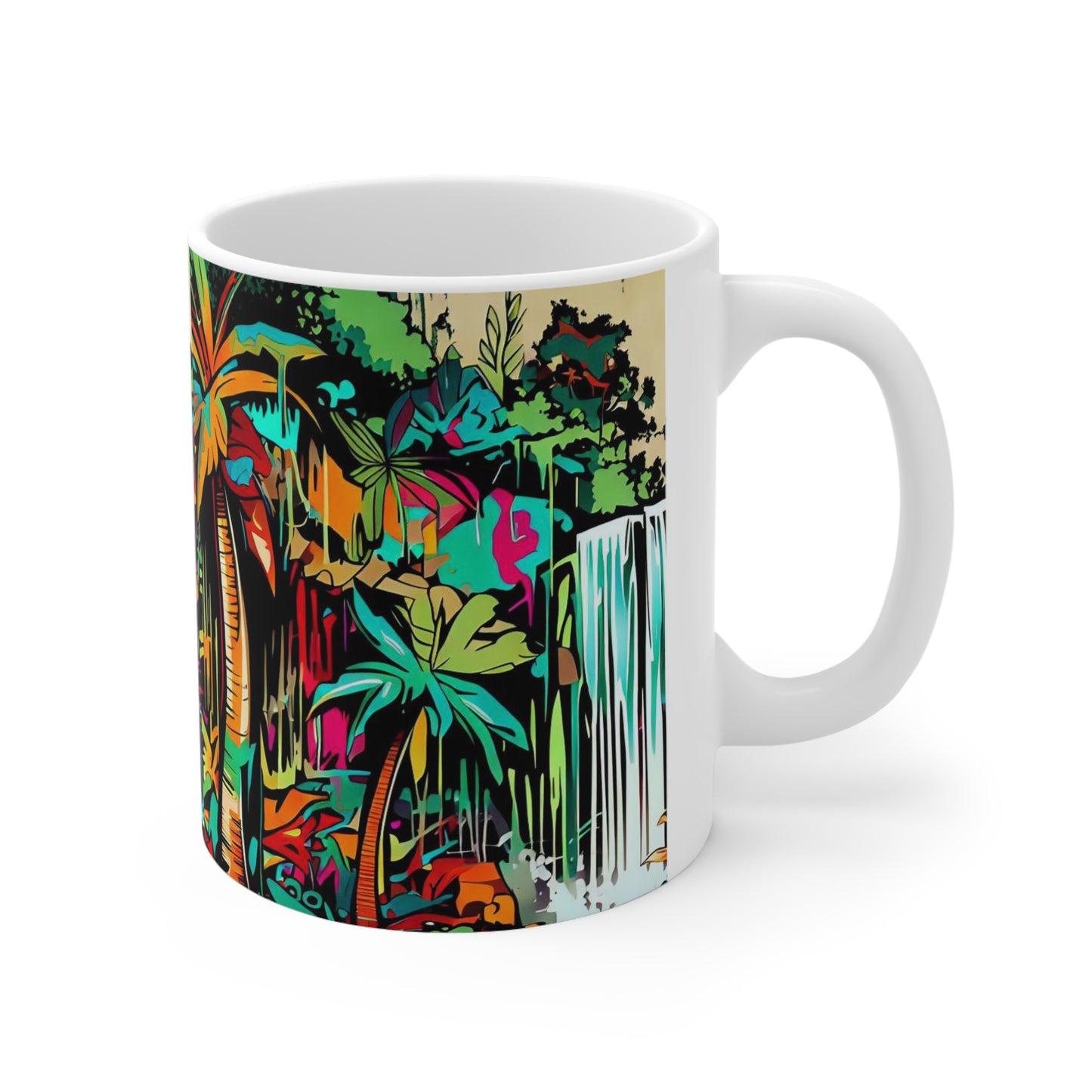 Jungle Waterfall, Personalized Mug Designs, Creative Coffee Cups, Unique Mug Artwork, Printed Coffee Mugs, Artist-Designed Mugs 11oz