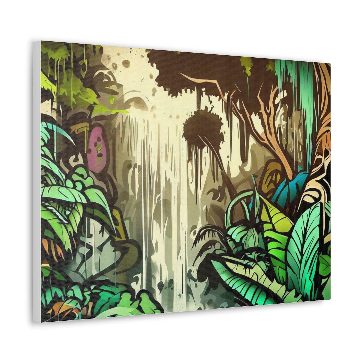 Jungle Waterfall, Rainforest Waterfall, Graffiti-inspired home decor, Modern street art prints, Graffiti wall art, Street art canvas art, Graffiti artist prints 24″ x 18″ Premium Gallery Wraps (1.25″)