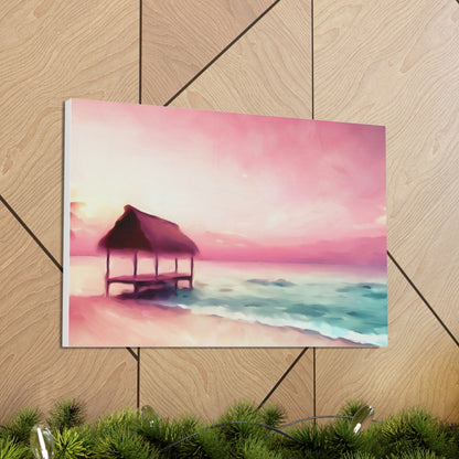 Pink Sunset, Beach Hut, Beach wall art, Sunset art, ocean art, Canvas Gallery Wraps