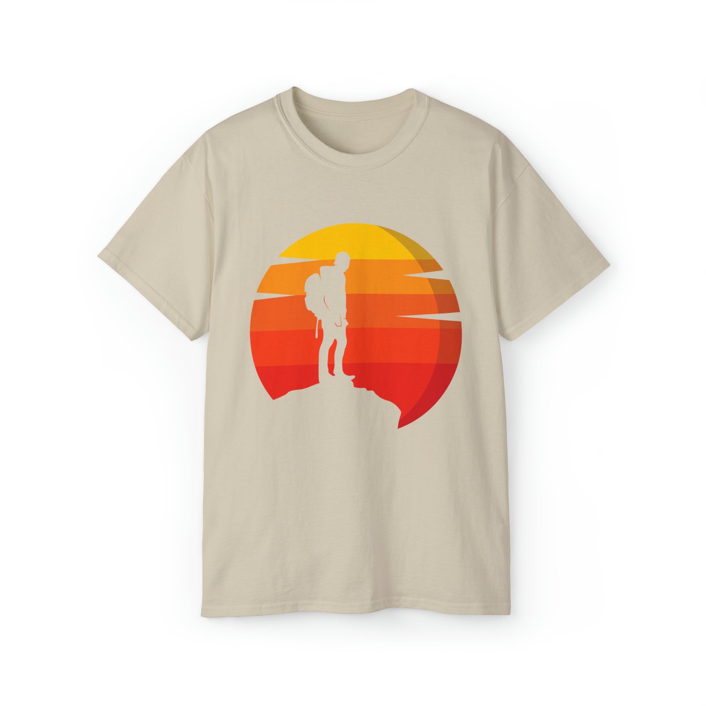 Hiker Sunset Silhouette | Hiking & Camping Tee | Nature-Inspired Outdoor Apparel Sand