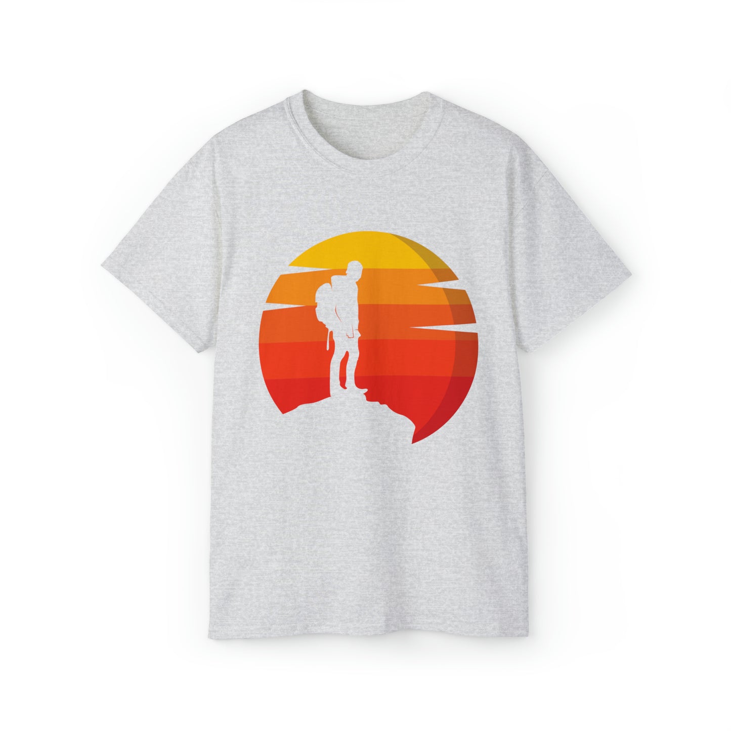 Hiker Sunset Silhouette | Hiking & Camping Tee | Nature-Inspired Outdoor Apparel Ash