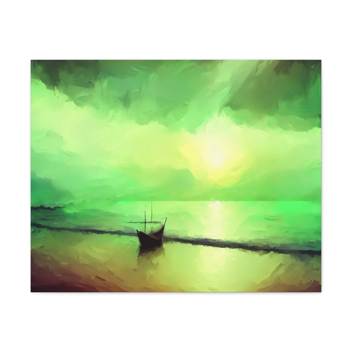 Sailboat Beach, Green Sunset, Beach wall art, sunset art, ocean art, Canvas Gallery Wraps 30″ x 24″ Premium Gallery Wraps (1.25″)