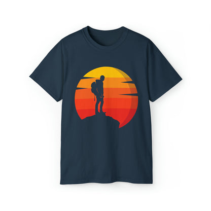 Hiker Sunset Silhouette | Hiking & Camping Tee | Nature-Inspired Outdoor Apparel Blue Dusk