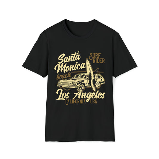 Santa Monica Beach, Surf Rider, Beachwear Graphics, Tropical T-Shirt Designs, Ocean-Inspired Shirts, Surfing Graphics, Sun and Sand Apparel, Summer Wardrobe Essentials - SaviTraviDesigns