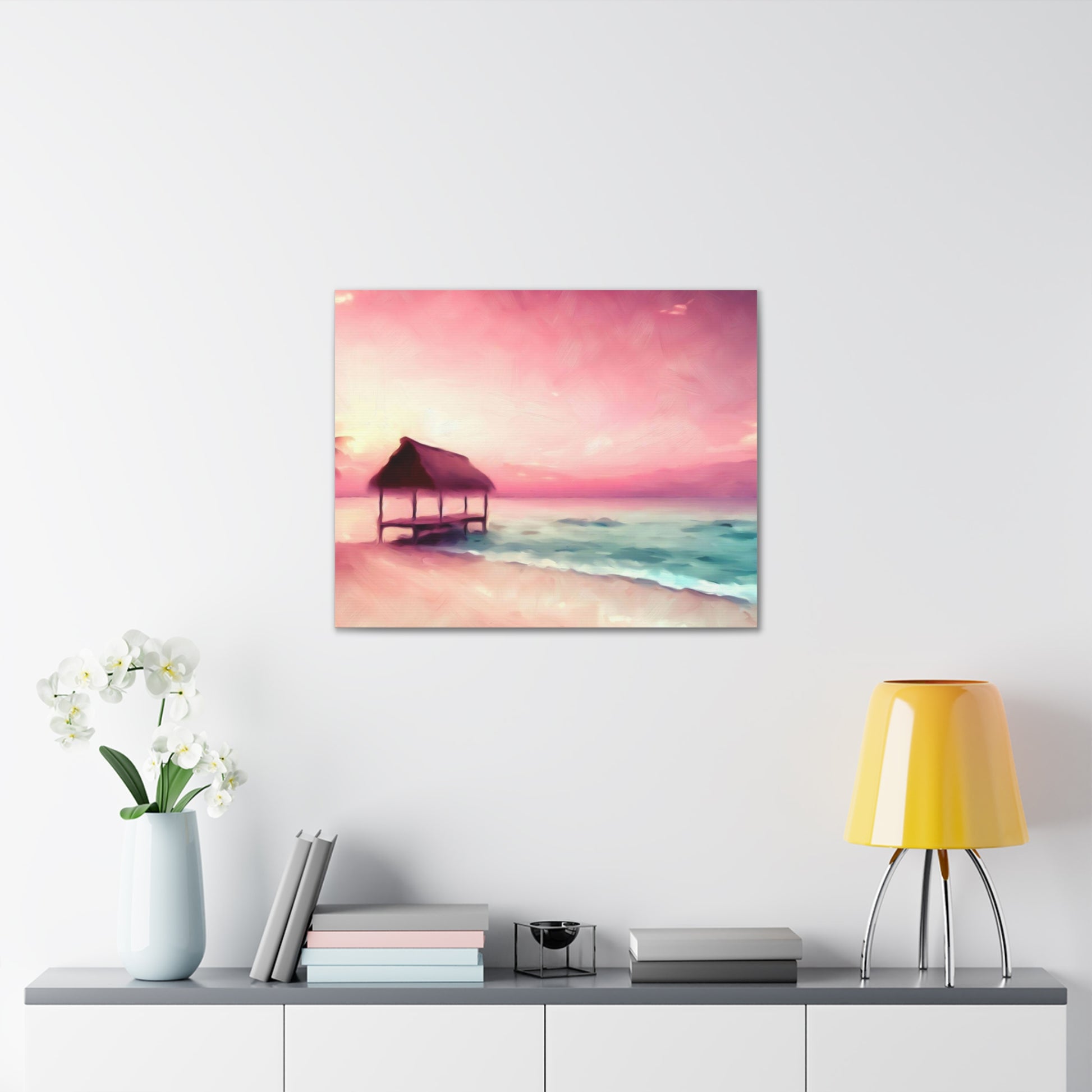 Pink Sunset, Beach Hut, Beach wall art, Sunset art, ocean art, Canvas Gallery Wraps