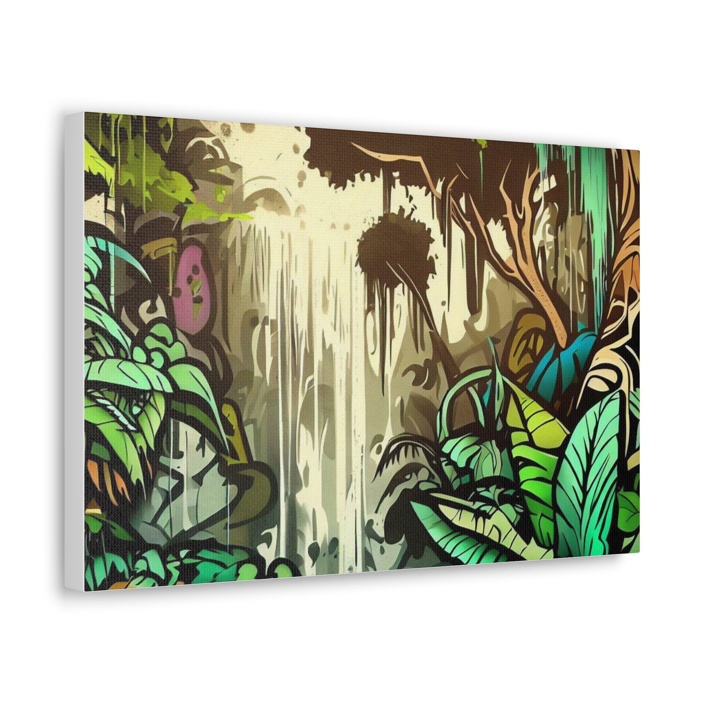 Jungle Waterfall, Rainforest Waterfall, Graffiti-inspired home decor, Modern street art prints, Graffiti wall art, Street art canvas art, Graffiti artist prints 18″ x 12″ Premium Gallery Wraps (1.25″)