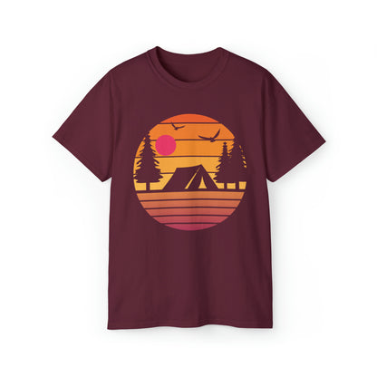 Sunset Camping Silhouette | Hiking & Camping Tee | Nature-Inspired Outdoor Apparel Maroon