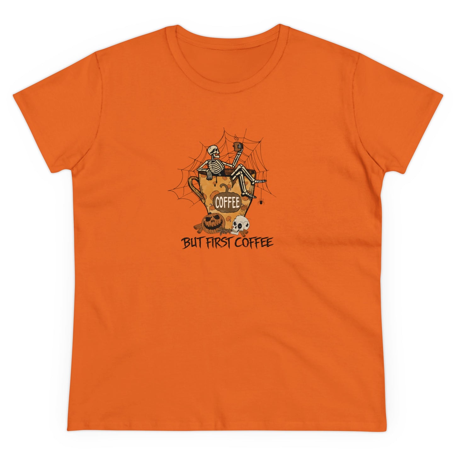 Coffee First, Skeleton Coffee, Halloween Graphic Shirts, Spooky Halloween Shirts, Scary Halloween Shirt Designs, Cute Halloween Graphic Tees, Funny Halloween Shirt Ideas Orange