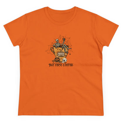 Coffee First, Skeleton Coffee, Halloween Graphic Shirts, Spooky Halloween Shirts, Scary Halloween Shirt Designs, Cute Halloween Graphic Tees, Funny Halloween Shirt Ideas Orange