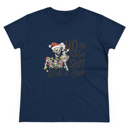 Ho Ho Holy Shit, What A Year, Christmas Graphic Shirts, Festive Holiday T-Shirts, Ugly Christmas Sweater Tees, Funny Christmas Shirt Designs, Cute Xmas Graphic Tees Navy