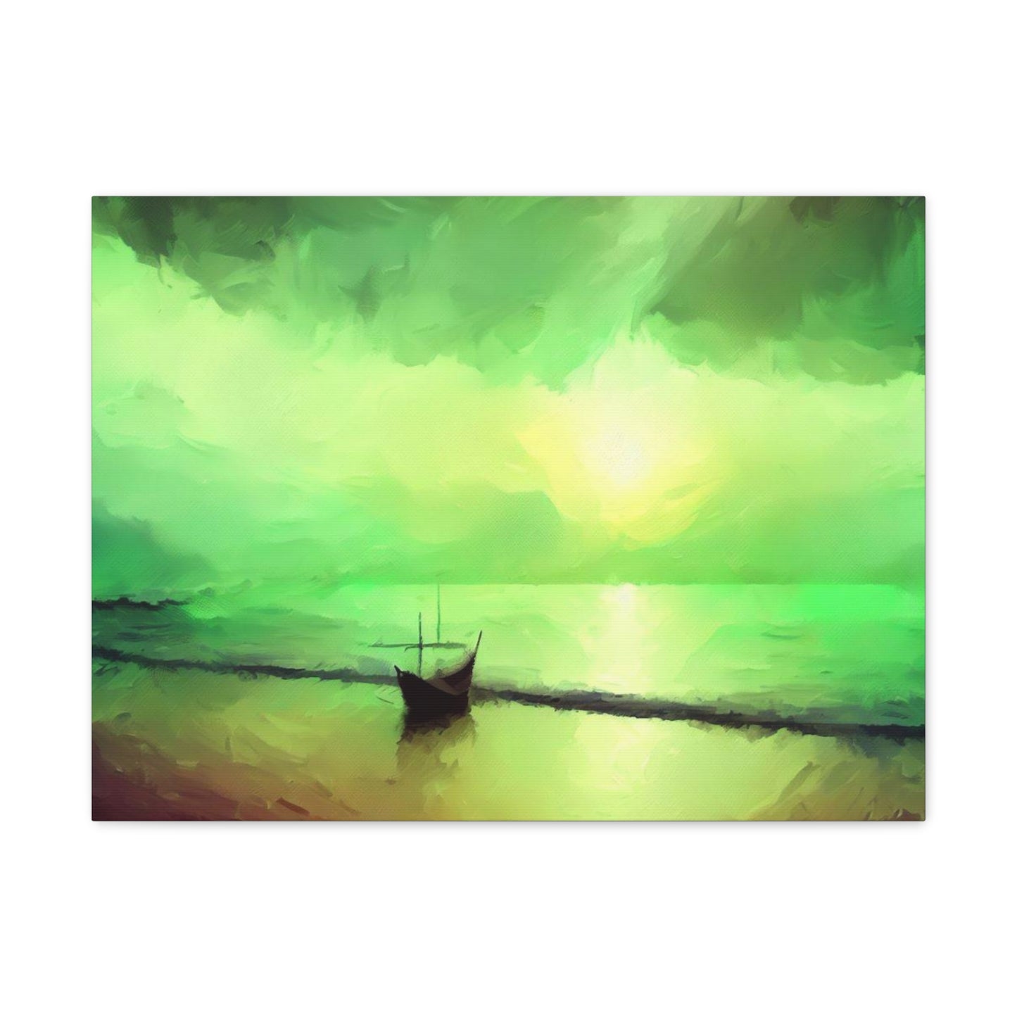 Sailboat Beach, Green Sunset, Beach wall art, sunset art, ocean art, Canvas Gallery Wraps 24″ x 18″ Premium Gallery Wraps (1.25″)