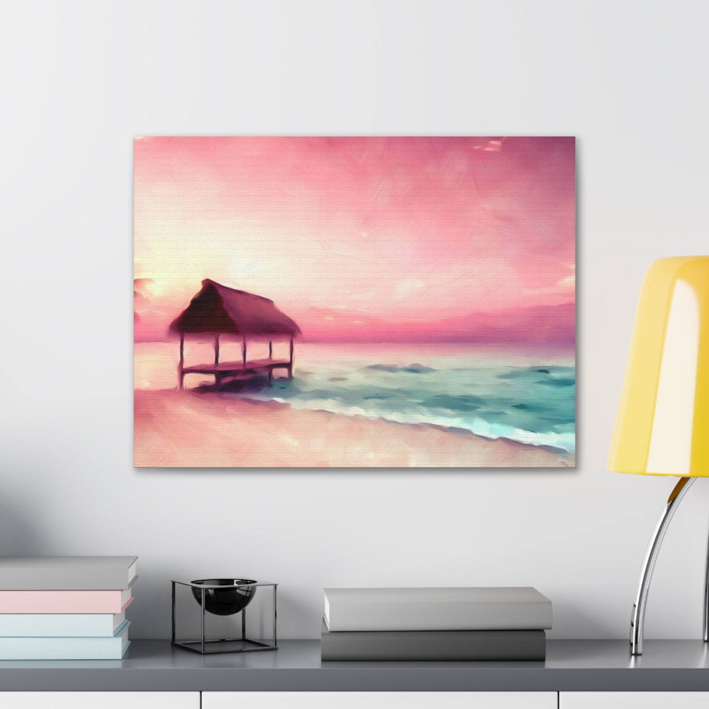 Pink Sunset, Beach Hut, Beach wall art, Sunset art, ocean art, Canvas Gallery Wraps