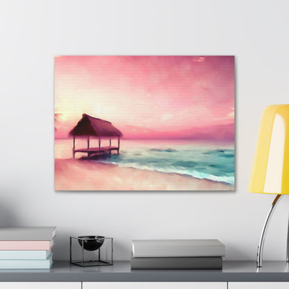 Pink Sunset, Beach Hut, Beach wall art, Sunset art, ocean art, Canvas Gallery Wraps