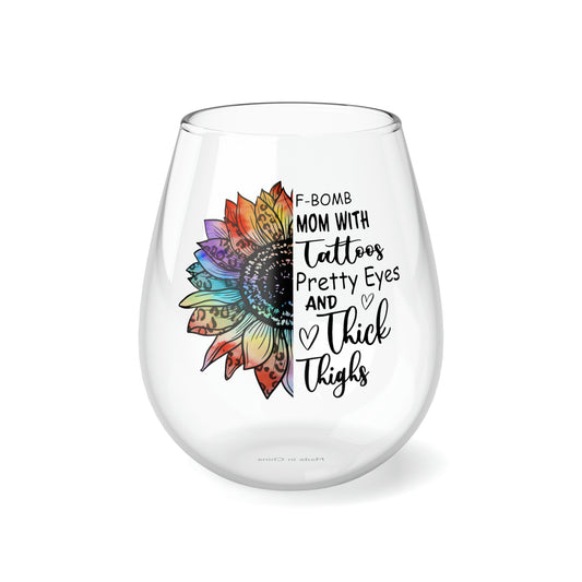 F Bomb Mom With Tattoos, Mom Wine Glass, Boho Wine Glass, Wine Lover stemless, Unique stemless wine glass, Trendy wine glass - SaviTraviDesigns