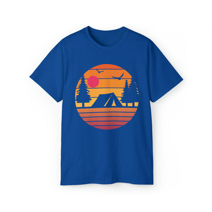 Sunset Camping Silhouette | Hiking & Camping Tee | Nature-Inspired Outdoor Apparel Royal