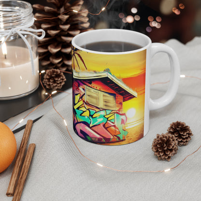 Sunset Hut Mug, Beach Mug, Personalized Mug Designs, Creative Coffee Cups, Unique Mug Artwork, Printed Coffee Mugs, Artist-Designed Mugs