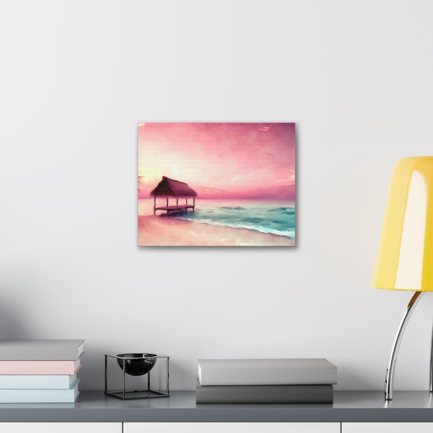 Pink Sunset, Beach Hut, Beach wall art, Sunset art, ocean art, Canvas Gallery Wraps