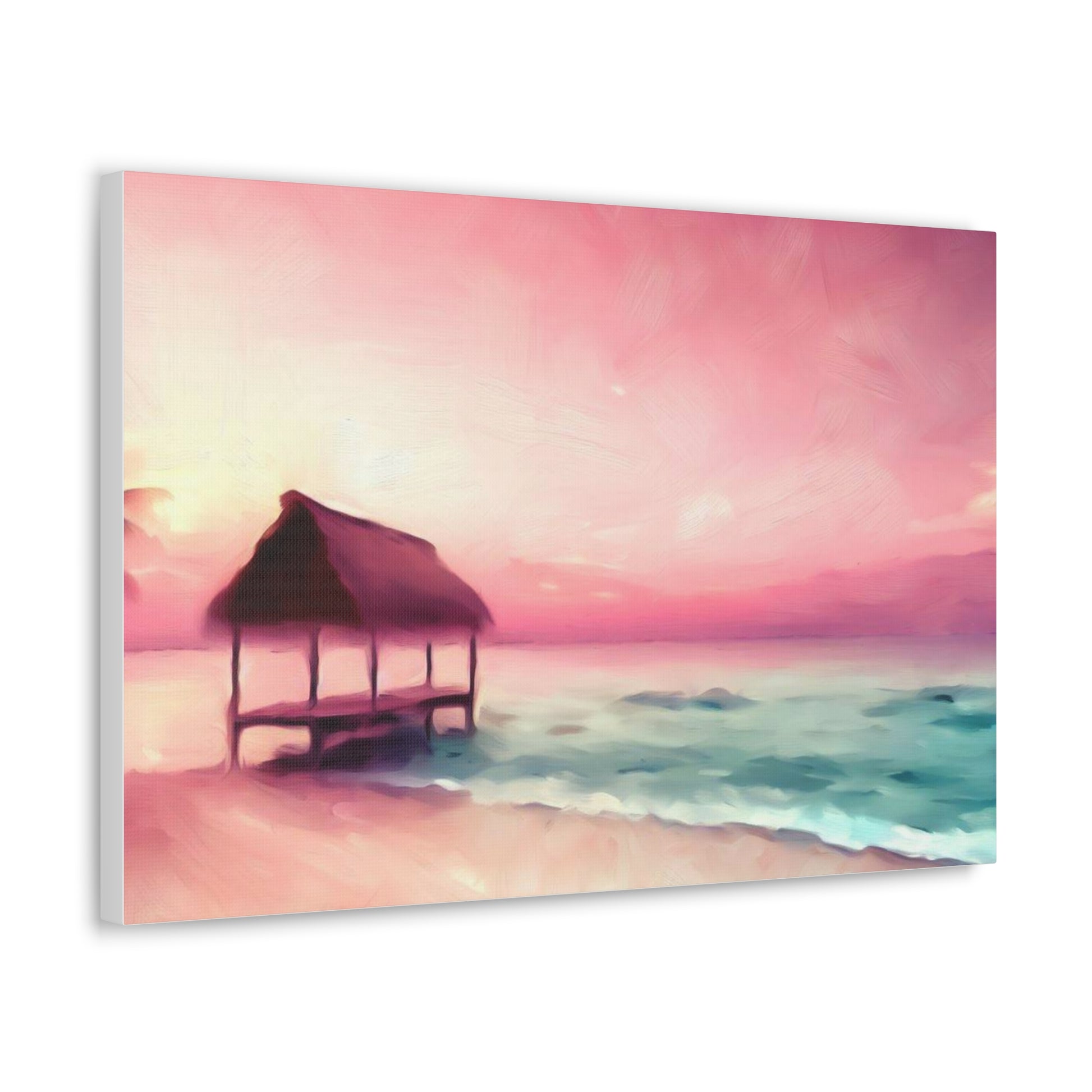 Pink Sunset, Beach Hut, Beach wall art, Sunset art, ocean art, Canvas Gallery Wraps