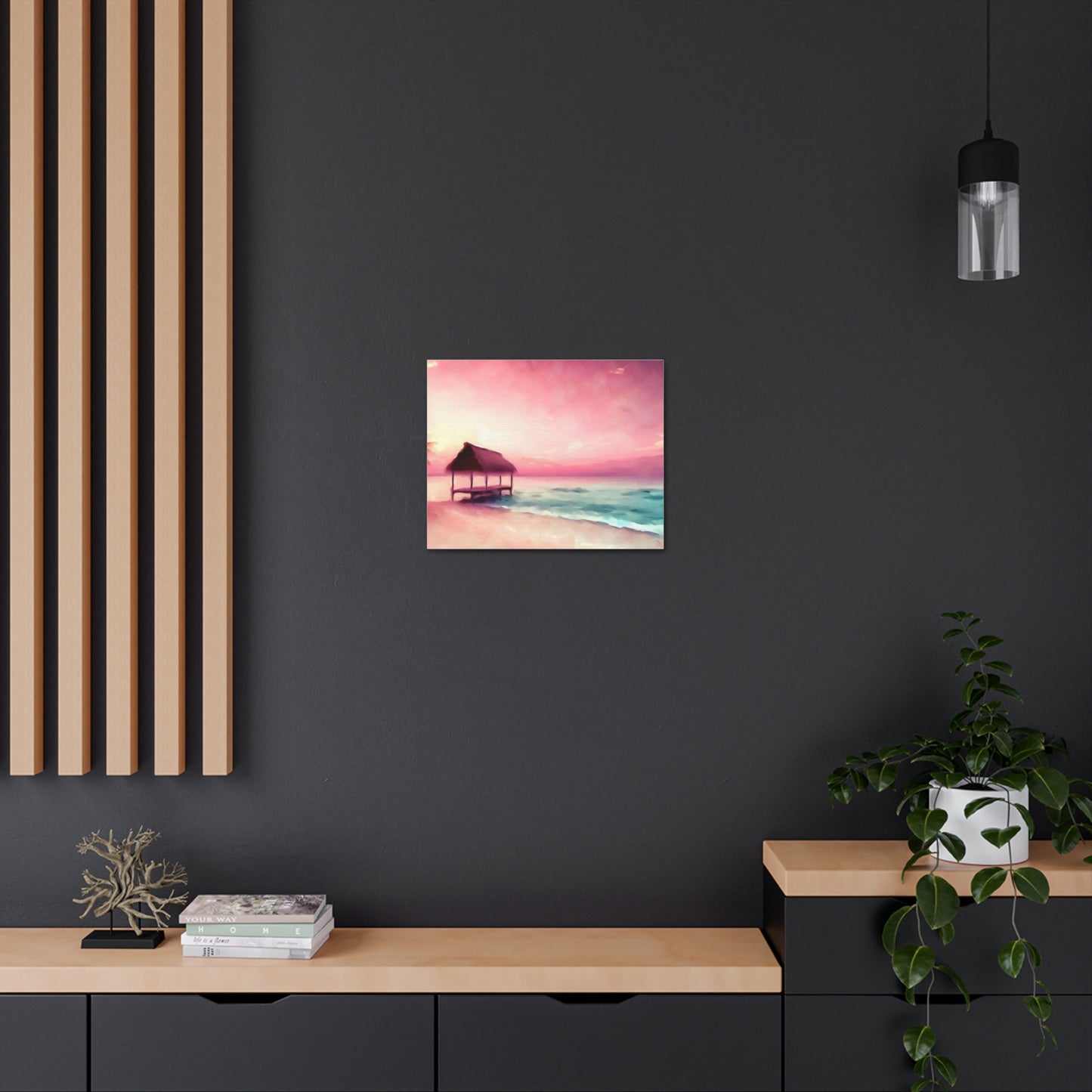 Pink Sunset, Beach Hut, Beach wall art, Sunset art, ocean art, Canvas Gallery Wraps