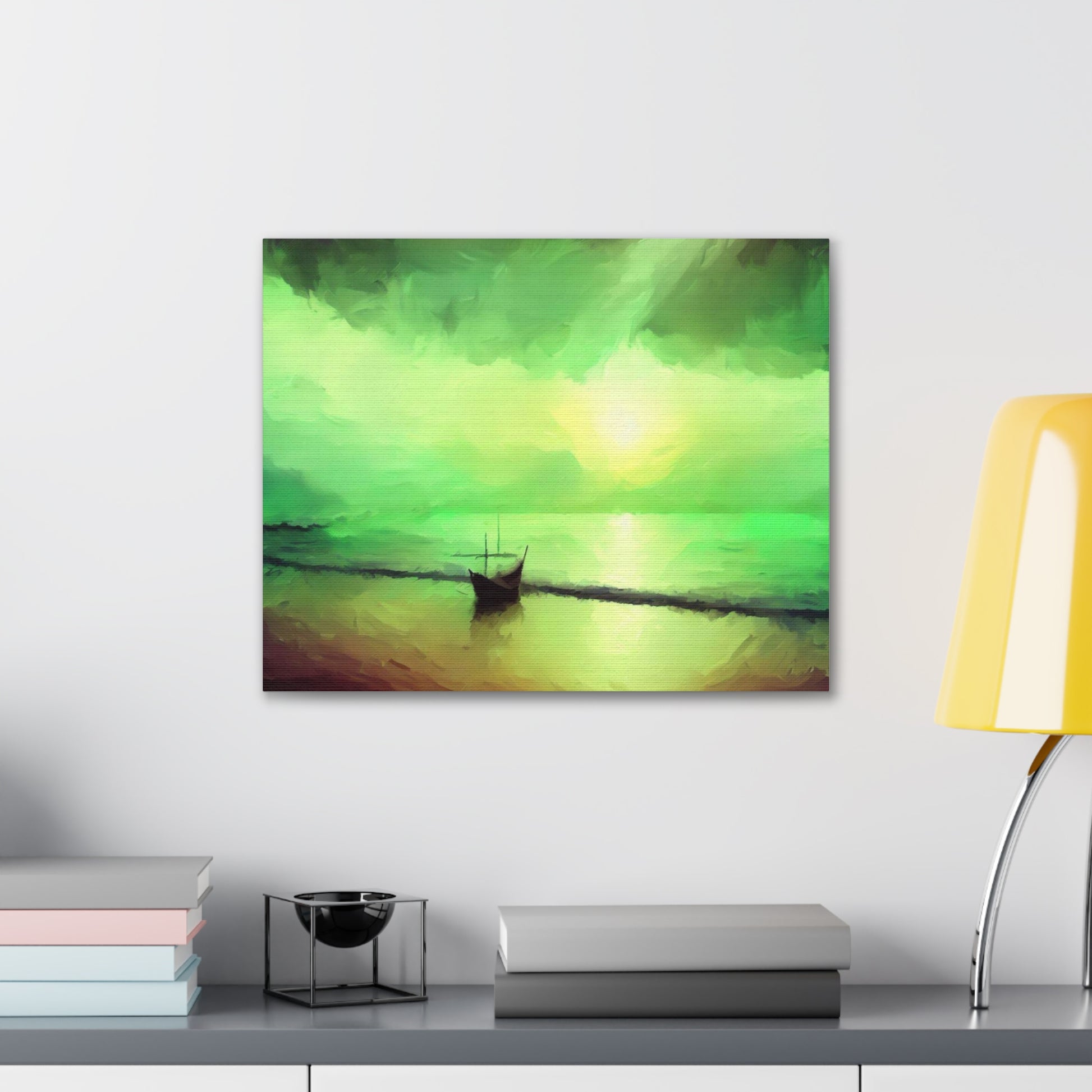 Sailboat Beach, Green Sunset, Beach wall art, sunset art, ocean art, Canvas Gallery Wraps