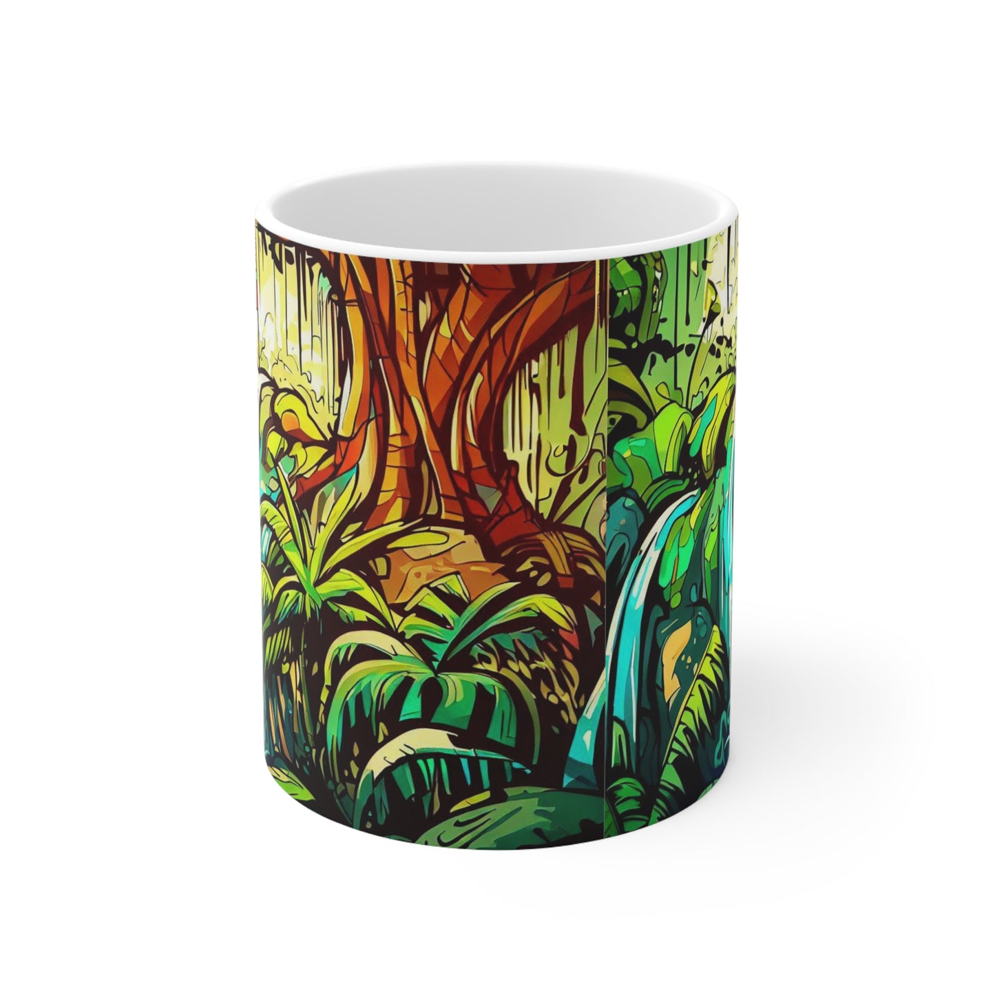 Jungle Waterfall, Personalized Mug Designs, Creative Coffee Cups, Unique Mug Artwork, Printed Coffee Mugs, Artist-Designed Mugs